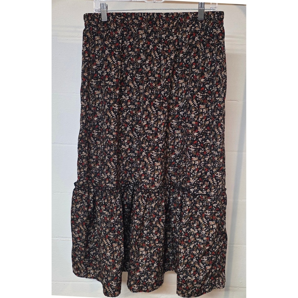 Bohme Black Ditsy Floral Ruffle Midi Skirt L Boho Elastic Waist Red Blue Brown